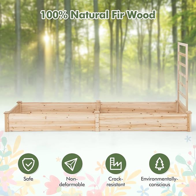 COSTWAY Raised Garden Bed with Trellis, Outdoor Wooden Planter Kit for Flowers, Herbs, Vegetables, Fruits & Climbing Vines, Elevated Garden Planter for Patio, 93" L x 25" W x 40" H