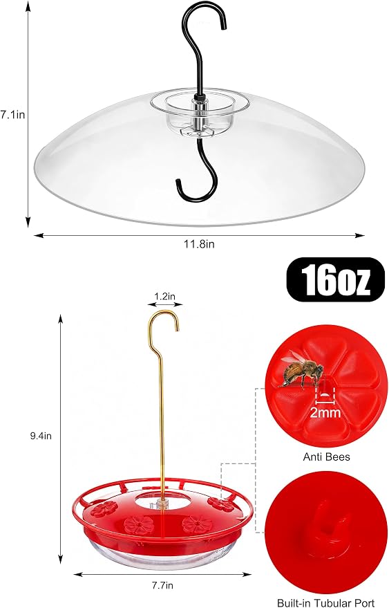 FEED GARDEN Hummingbird Feeder with Rainproof Dome, 16oz Nectar Feeder 11.8" Rain Guard Weatherproof Ant Moat Easy Fill & Clean Hanging Leak-Proof BPA-Free