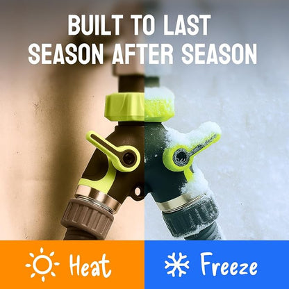 2 Way Hose Splitter Heavy Duty - Metal Y Garden Hose Splitter with Shutoff Valves, Brass Outdoor Faucet Adapter for Spigot, 3/4 Inch GHT Water Hose Connector - Green