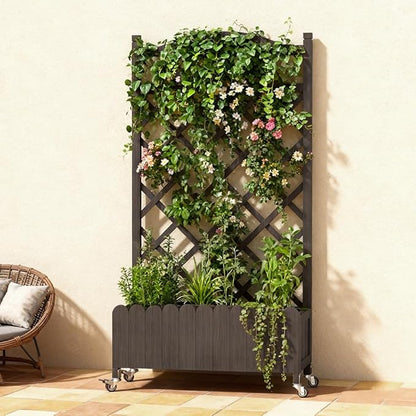 COMHOMA Planter Box with Trellis and Wheels, 48In Elevated Raised Garden Bed, Drainage Holes, Outdoor Lattice for Climbing Flowers, Vegetables, Patio Balcony, Brown