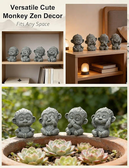 4 Piece Cute Monkey Figurine Set, Sandstone See no Evil,Hear no Evil,Speak no Evil,Do no Evil Statues, Zen Desk/Garden Decor, Mindfulness Animal Accents for Home Office