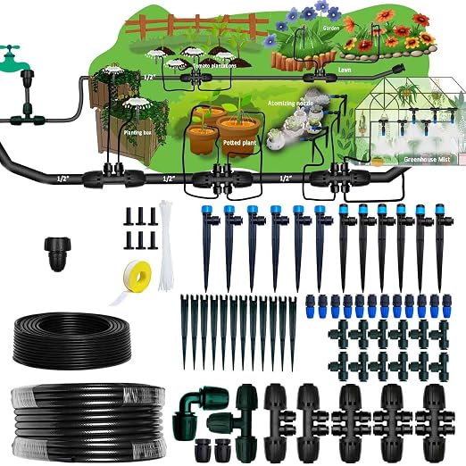 Drip Irrigation Kit for Garden,Main ID 1/2inch 16.5Ft and 1/4inch 96Ft Water Hose, Watering System Sufficient Water Pressure, Irrigation Dripper Waterflow Evenly Easy DIY