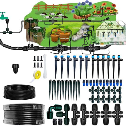 Drip Irrigation Kit for Garden,Main ID 1/2inch 16.5Ft and 1/4inch 96Ft Water Hose, Watering System Sufficient Water Pressure, Irrigation Dripper Waterflow Evenly Easy DIY