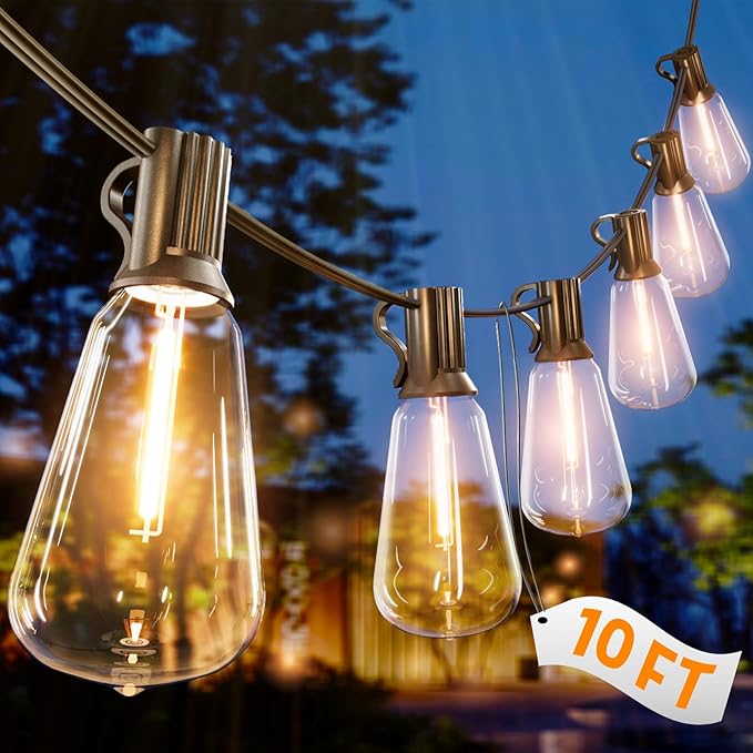10FT Outdoor String Lights - LED Waterproof Patio Lights with Shatterproof ST38 Edison Plastic Bulb, Connectable Hanging Lighting for Outside Indoor Backyard Yard Gazebo Porch Party Decor - SOLROS