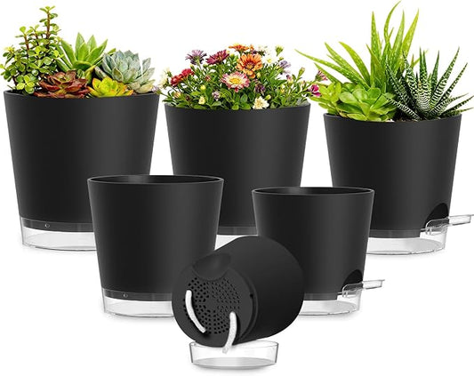 Plant Pots 4/5/5.5/6/6.5/7 Inch Self Watering Pots, 6 Pack Plastic Planters with Drainage Holes and Clear Saucers,Plastic Flower Pots,Nursery Planting Pot for Indoor Out Door Plants(Black)