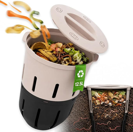 Inground Worm Composter, Outdoor Underground Worm Farm 3.3 Gallons, Garden Worm Compost Bin from Kitchen Food Waste, Black+Gray (10.7x10.7x13Inch)