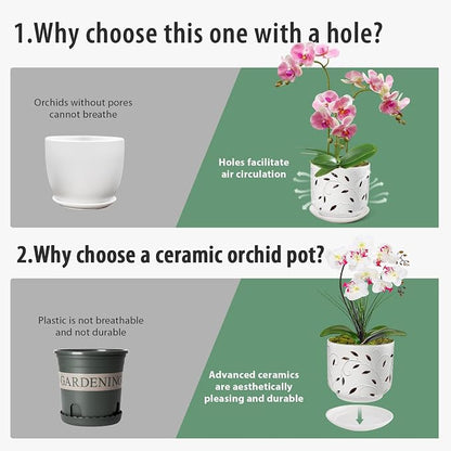 Orchid Pots with Holes, 7 Inch Orchid Pots with Drainage Holes and Tray, Indoor or Outdoor Ceramic Flower Pot for Orchid Care, Promoting Air Circulation - White