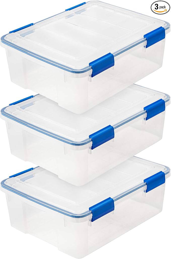 IRIS USA WeatherPro 27 Qt Storage Bins with Lids, 3 Pack, BPA-Free Plastic Gasket Box with Tight Latch and Seal, Stackable Nestable Tote Tub - Clear/Blue