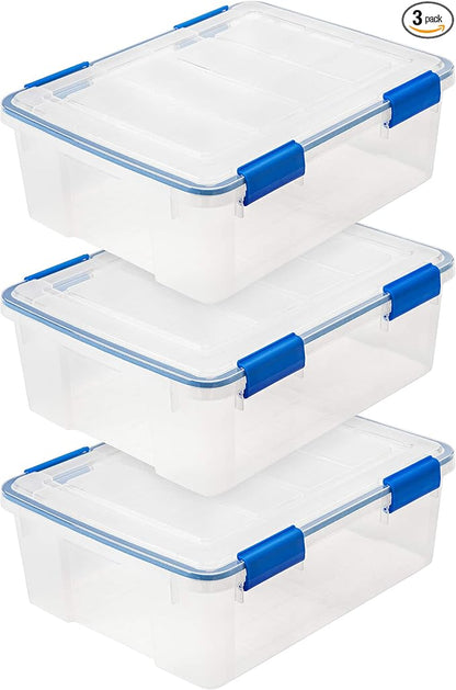 IRIS USA WeatherPro 27 Qt Storage Bins with Lids, 3 Pack, BPA-Free Plastic Gasket Box with Tight Latch and Seal, Stackable Nestable Tote Tub - Clear/Blue