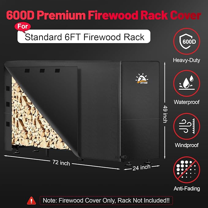 Zettum Firewood Rack Cover 6 Feet - 600D Wood Rack Cover Waterproof & Heavy Duty, 6 Foot Outdoor Log Pile Holder Covers Storage for 6FT Standard Firewood Storage Covers (72 x 24 x 49 Inch)