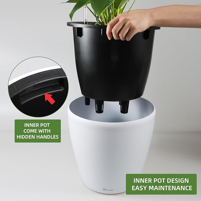 Dexceder 13x12 Self Watering Planter with Wheels (White Matte) | Inner Pot Design, Thickened Large Floor Standing Flower Plant Pot with Water Level Indicator Indoor Outdoor