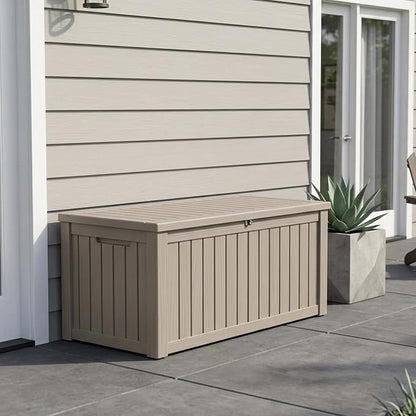 Outdoor Storage Box, 150 Gallon Waterproof Deck Box [Upgraded 3.1], Large Resin Storage with Hydraulic Gas Lifts for Cushions, Heavy Duty Lockable Bench Seat, Backyard Party, Grey