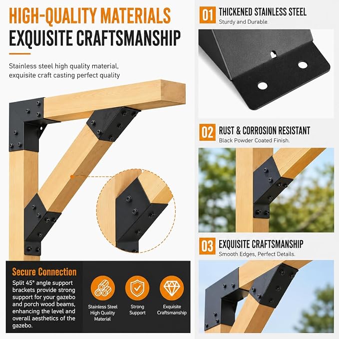 45 Degree Pergola Brackets for 4x4 Lumber, Q235 Steel, 8 Pack | Black Powder-Coated Finish, Drain Holes and 304 Stainless Steel Screws for Gazebos, Decks and Cabins