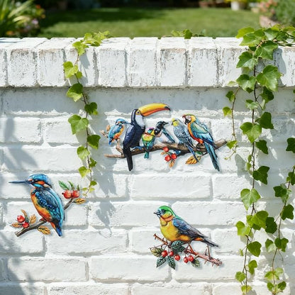3 Pcs Metal Birds Wall Art Garden Decor, 3D Colorful Birds Outdoor Wall Art Yard Patio Fence Decoration, Hummingbird Parrot Toucan Wall Hanging Sculpture Outside Gift for Women Mom