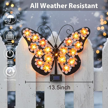 Solar Lights Outdoor Metal Butterfly Wall Decor with 30 Led - 13.5" Outdoor Fence Wall Art,Hanging Decoration for Garden Patio Porch Yard,Gifts for Women,Birthday Gifts for Mom Grandma
