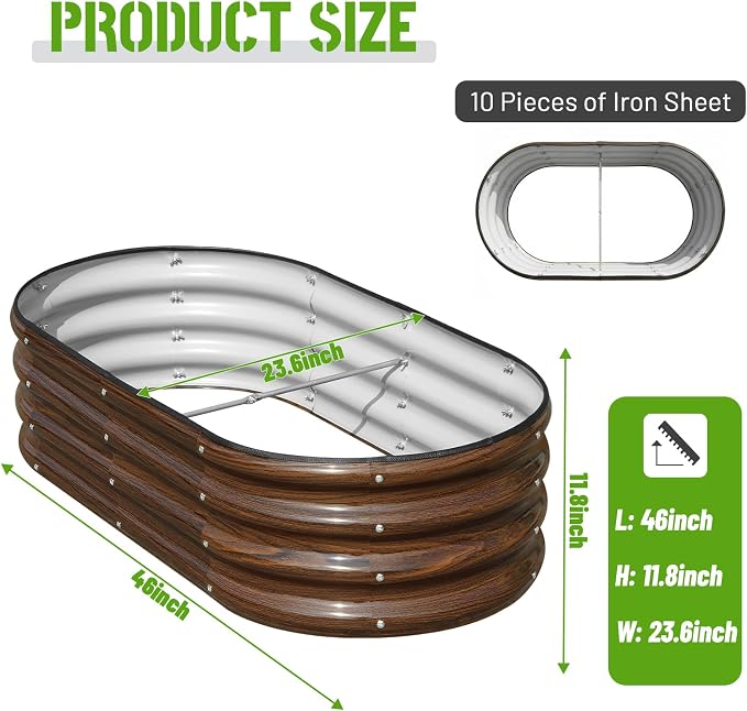 SnugNiture Galvanized Raised Garden Bed Outdoor, 4 Pcs 4x2x1ft Oval Metal Planter Box for Planting Plants Vegetables, Brown
