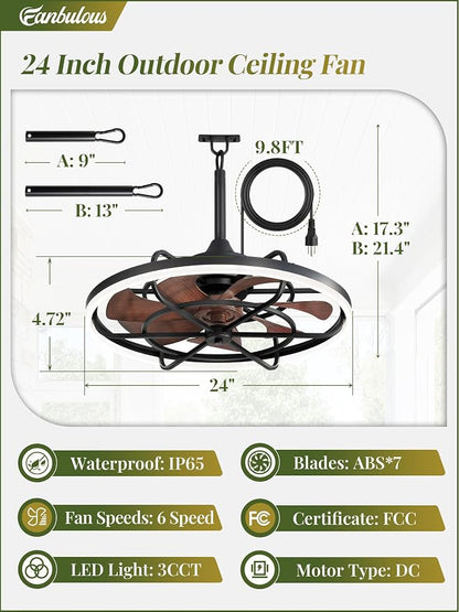 Fanbulous Outdoor Ceiling Fans with Light for Patios, 24" Weatherproof Plug in Ceiling Fan, Gazebo Fan Remote&APP Control, 3CCT Dimmable, Caged Ceiling Fan with Hanging Hook for Porch, Pergola, Canopy