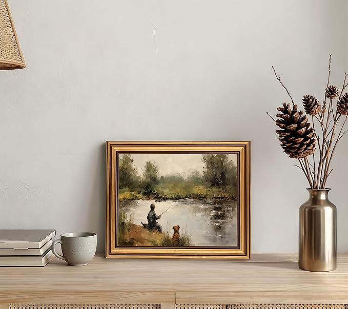 Devunaty Gold Framed Vintage Wall Art Boy Fishing Wall Decor Paintings Funny Dog and Boy Landscape Canvas Print Picture Retro Country Farmhouse Artwork for Kids Bedroom Living Room Decor 12"x16"