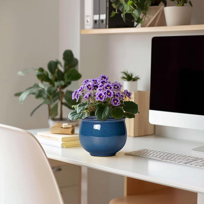 African Violet Pots, 6 Inch Ceramic Easy Self Watering Pots for Indoor Plant, Round Self Watering Planter with Absorbent Inner Pot, Ceramic Flower Pot, Room Decor, Plant Lover Gift, Retro Blue