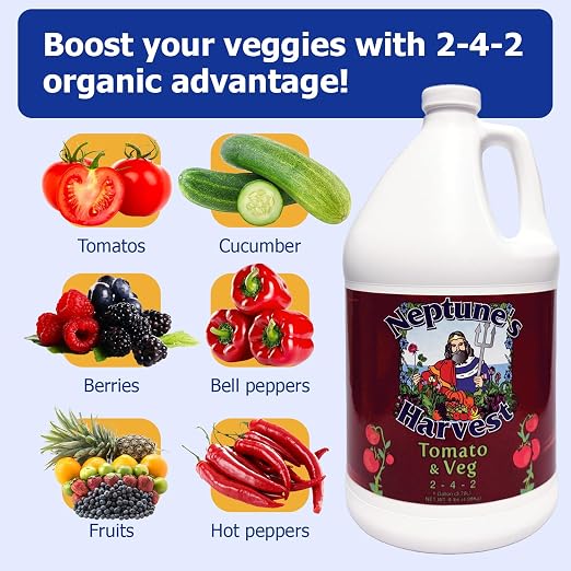 Neptune’s Harvest Organic Tomato & Vegetable Plant Fertilizer (2-4-2) - Liquid Plant Food w/Fresh Fish, Seaweed, Molasses, Yucca Extract, & Humic Acids - for Vegetable Garden (Gallon)