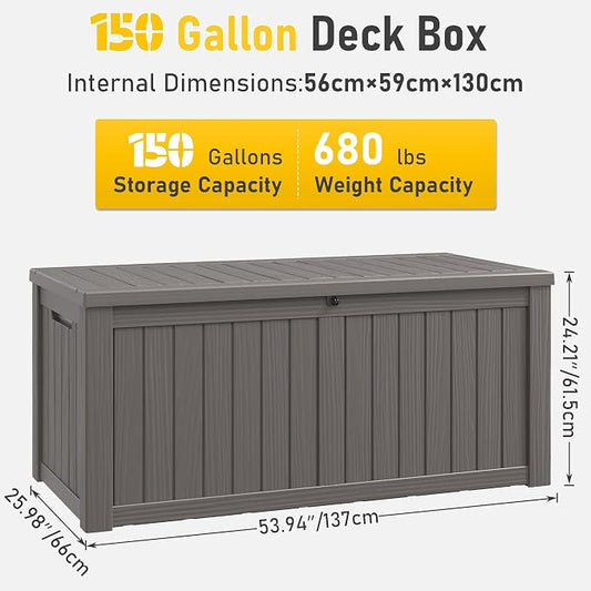 NUNU LAB 150 Gallon Outdoor Storage Box,Resin Large Sturdy Deck Box, Backyard Outside Storage Box Waterproof with Double Wall Panels,Package Delivery Garden Outdoor Hose