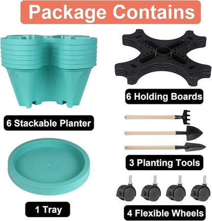 GameXcel Vertical Planter Tower - 6 Tier Stackable Garden Planters with Wheels and Tools Plant Pots for Strawberry Herb Flower and Vegetable Indoor Outdoor Use Teal
