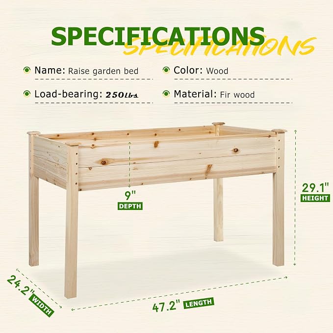 4 FT Outdoor Wooden Raised Garden Bed, Elevated Large Planter Box with Legs for Vegetable/Flower, Standing Growing Bed for Gardening/Backyard/Patio/Balcony, Natural