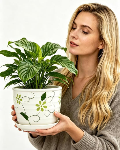 Vintage Flower Pots for Indoor Plant, Round Ceramic Plant Pots with Drainage Holes and Saucers, 6.7/5.2/3.9 Inches Retro Flower Planters Set of 3