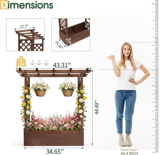 VINGLI Raised Garden Bed with Trellis & Hanging Roof, Wooden Elevated Planter Box with Drainage Holes for Outdoor Climbing Plants Vegetables Flowers, Patio Yard Balcony (Carbonized, Medium)