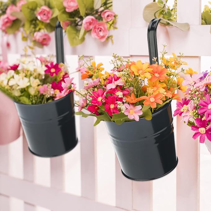 KINGLAKE Flower Pots,10 Pcs Metal Iron Hanging Flower Plant Pot Balcony Garden Plant Planter Baskets Fence Bucket Pots 6.3'' Flower Holders with Detachable Hook Black