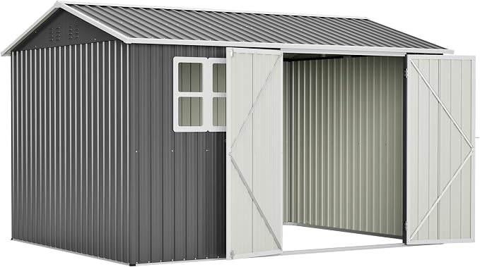 YOPTO 10x8 FT Large Outdoor Storage Shed with Window, 2 Lockable Doors & Sloped Roof, Heavy Duty Metal Tool Shed for Garden, Patio, Backyard, Lawn, Dark Gray