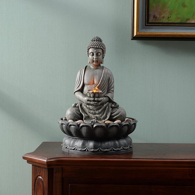 GOSSI 11.2 Inch Tall Indoor Tabletop Buddha Fountain with Reflective Lighting and Cobblestone Base, Zen Desk Water Fountain for Office and Home Decor