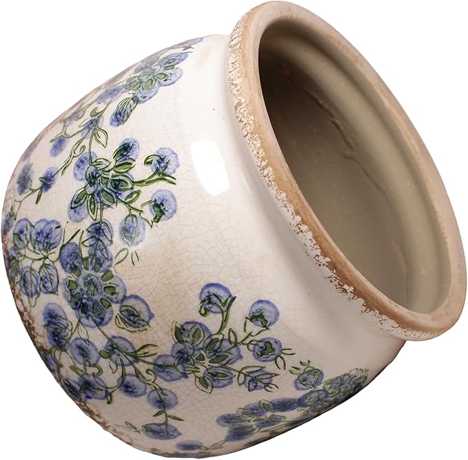 Ceramic Planters Spring Decor, 6.3in Country Cottage Plant Pots with Drainage Hole for Indoor Plants & Succulent, Vintage Crackle Glaze Finish Flower Vase, Home Decor Gifts, Deep Blue Floral