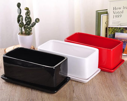 VanEnjoy 10 Inch Black Rectangle Ceramic Succulent Planter Pot Decorative Cactus Plant Pot Flower Container with Ceramic Tray