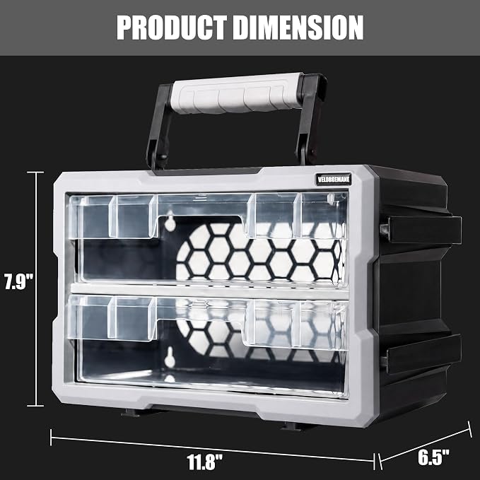2 Drawer Modular Stackable Storage Organizer with Clear Drawers, Removable Handle, Interlocking System, Wall Mount Compatible Tool Storage Box
