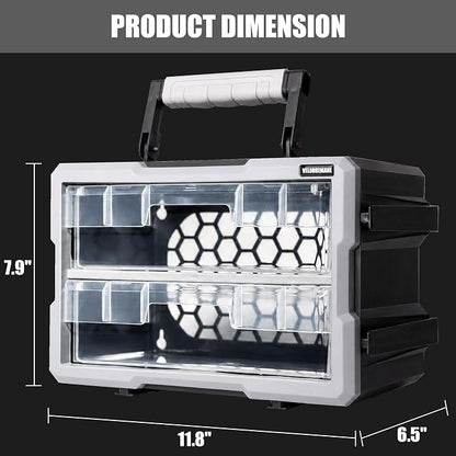 2 Drawer Modular Stackable Storage Organizer with Clear Drawers, Removable Handle, Interlocking System, Wall Mount Compatible Tool Storage Box