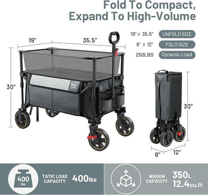Timber Ridge 350L Extra Large Collapsible Folding Wagon Carts with Brake, Heavy Duty Outdoor Camping Utility Wagons with Extended Height, Adjustable Handle, Cup Holders, Side Bag (Gray)