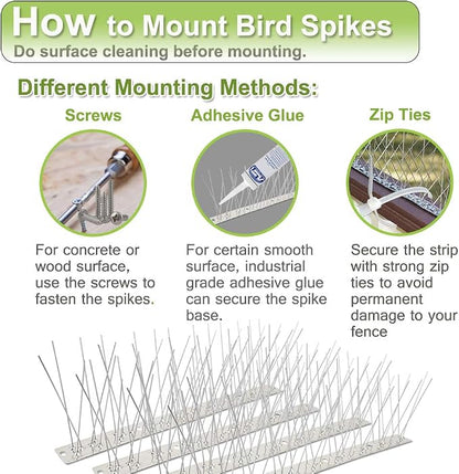 Bird Spikes Stainless Steel 60ft Coverage 56 Pack for Pigeons Small Birds Outdoor Use Bird Prevention Strips for Fence Crows Woodpeckers with 304 Stainless Steel Pins and Base Not Rusty