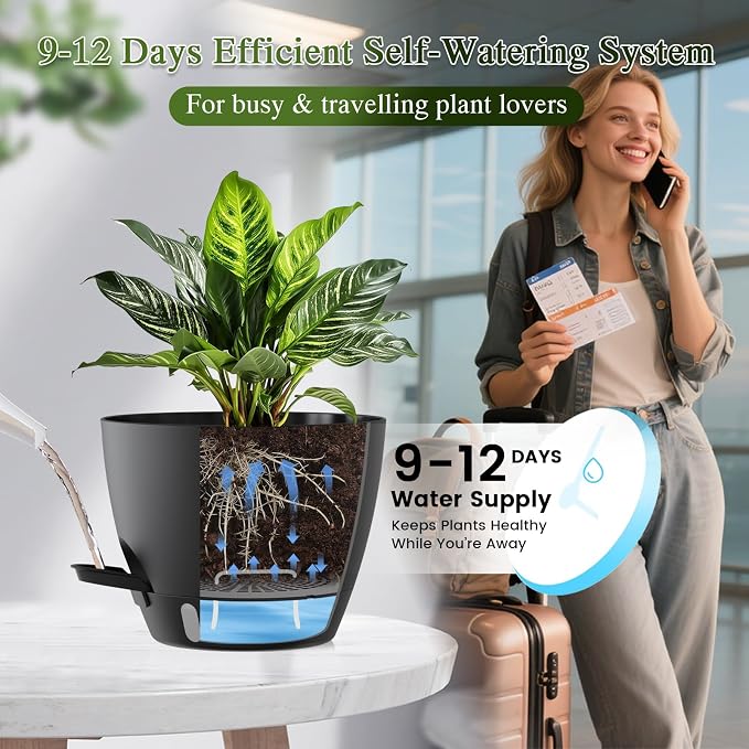 Plant Pots, 1 Pack 12 Inch Self Watering Pots with Drainage Holes, Water Level Indicator Deep Reservoir, Large Planters for Indoor Outdoor Plants - Black
