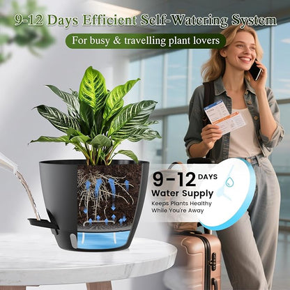 Plant Pots, 1 Pack 12 Inch Self Watering Pots with Drainage Holes, Water Level Indicator Deep Reservoir, Large Planters for Indoor Outdoor Plants - Black