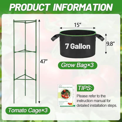 ANPHSIN Sturdy Triangle Tomato Cage with Movable 7 Gal Grow Bags - 3 Sets 47'' Plants Garden Trellis Planters, Support for Indoor Outdoor Beans, Peppers, Eggplants, Climbing Vegetables