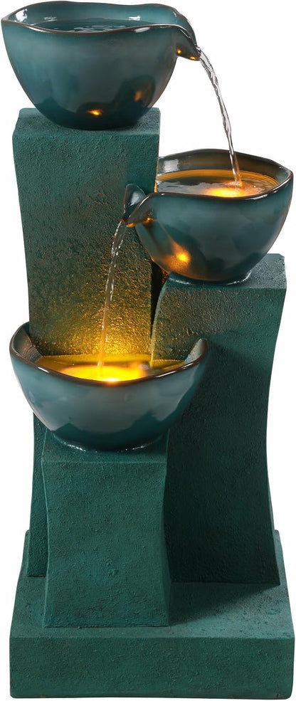Teamson Home 28.54 in. 3-Tier Cascading Outdoor Water Fountain, Green | LED Lights, For Gardens, For Landscaping, For Patios, For Balconies