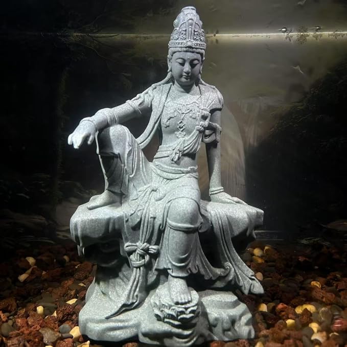 livelyfish Aquarium Buddha Statue Guanyin Buddha Sandstone Sculpture for Zen Garden Fish Tank Home Decor (L)