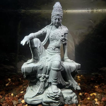 livelyfish Aquarium Buddha Statue Guanyin Buddha Sandstone Sculpture for Zen Garden Fish Tank Home Decor (L)