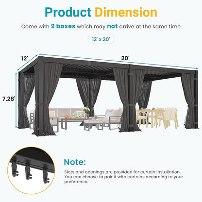 12' x 20' Louvered Pergola, Outdoor Pergola with Curtains & Netting, Aluminum Frame Patio Pergola with Adjustable Louvers Roof & Gutter System, Hardtop Gazebo for Patio, Deck, Garden, Yard, Dark Gray