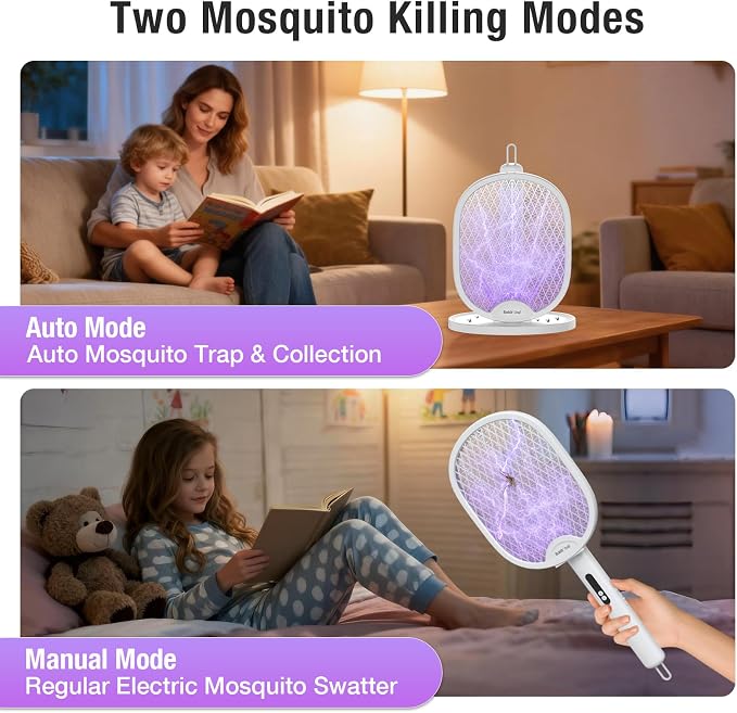 BALDR Electric Fly Swatter Racket, Foldable 2 in 1 Bug Zapper 3000V Powerful Mosquito Killer with Purple Attractant Trap Lamp, 1200mAh Type-C Rechargeable for Indoor Home Office Patio Camping