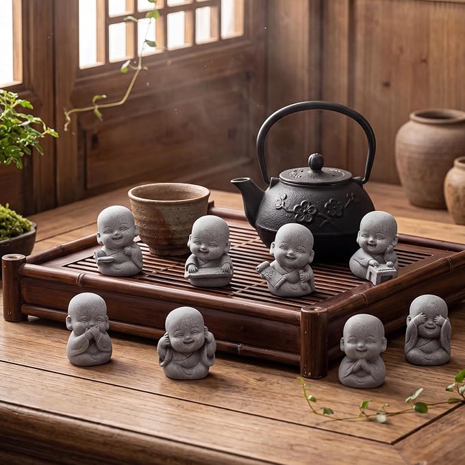 Hoteam 8 Pcs Laughing Buddha Statue Small Zen Monk Praying Sandstone Sculptures for Luck Feng Shui Decor Car Dashboard Home Living Room Office Desk Decor (Classic)