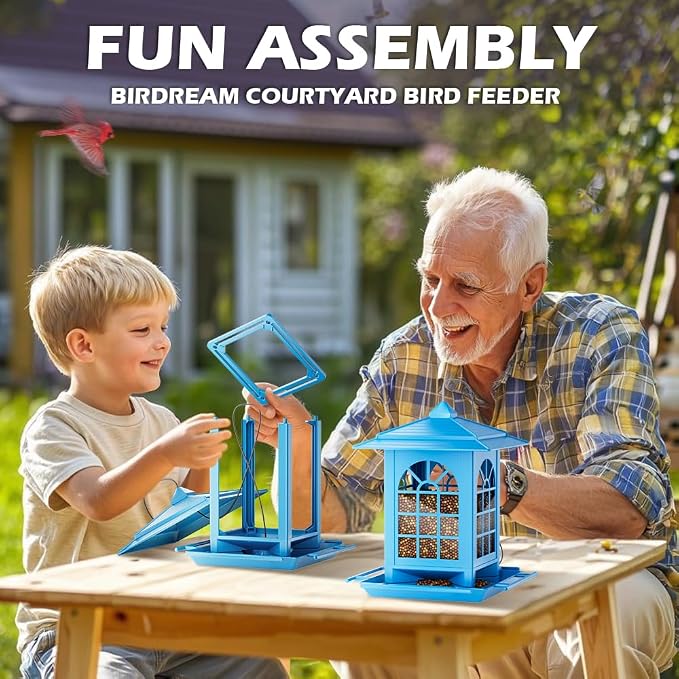 Birdream Bird Feeders for Outdoor Hanging, Assembly Required, 1-Min Easy Setup, Classic Courtyard Design, Attracting Cardinals Chickadees Goldfinches & Sparrows - Blue