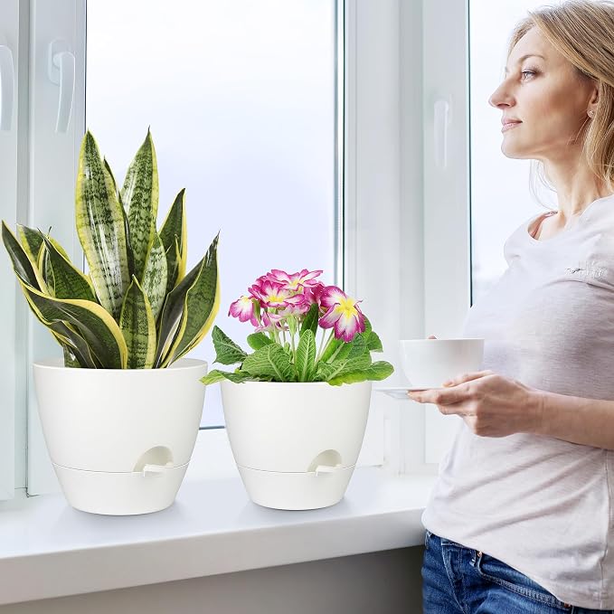 Plant Pots 12/10/9 Inch Self Watering Pots, Set of 3 Plastic Planters with Drainage Holes and Saucers,Plastic Flower Pots,Nursery Planting Pot for Indoor Out Door Plants(Pure White)
