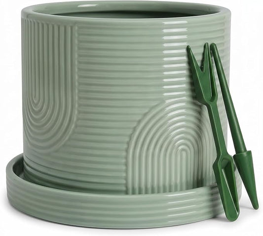 6 Inch Ceramic Plant Pot with Drainage Hole & Tray – Indoor Planter for Succulents, Herbs & Houseplants – Modern Ceramic Planter with Mesh Pad, Dibber & Widger – Sage Green